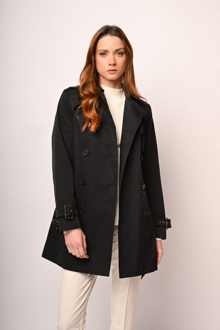 Hooded & belted double-breasted trench coat