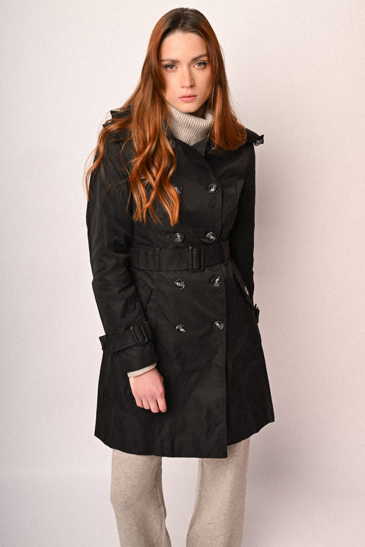 Hooded & belted double-breasted trench coat