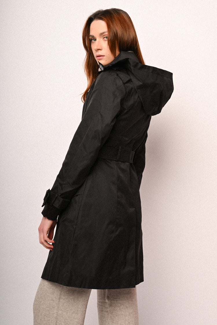 Hooded & belted double-breasted trench coat