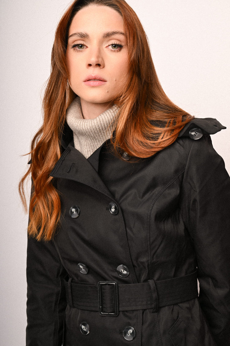 Hooded & belted double-breasted trench coat