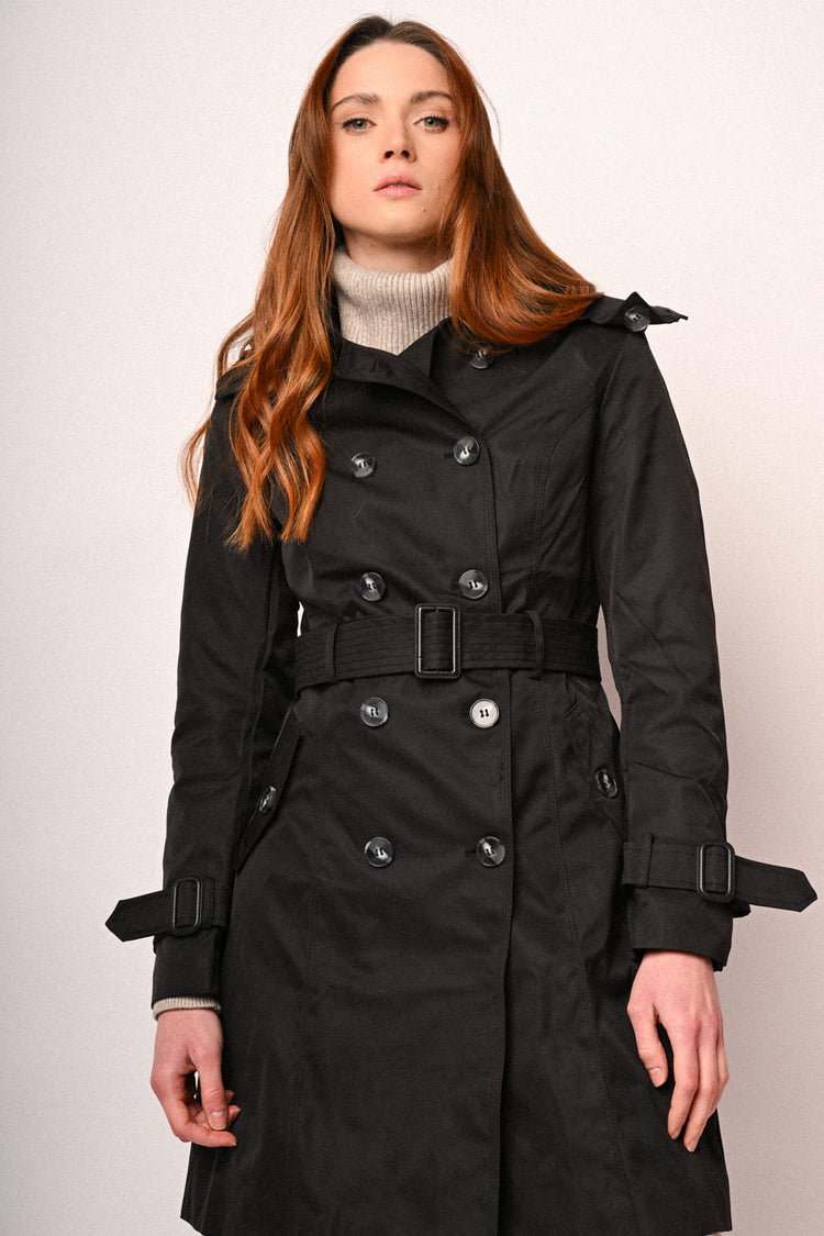 Hooded & belted double-breasted trench coat