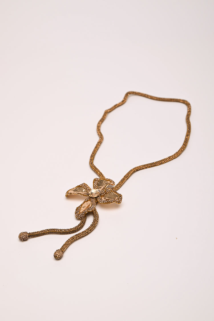 Flower and rhinestone long necklace