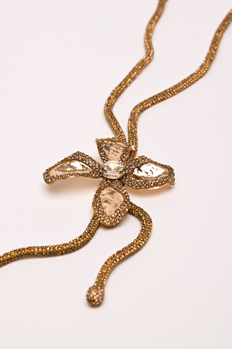 Flower and rhinestone long necklace