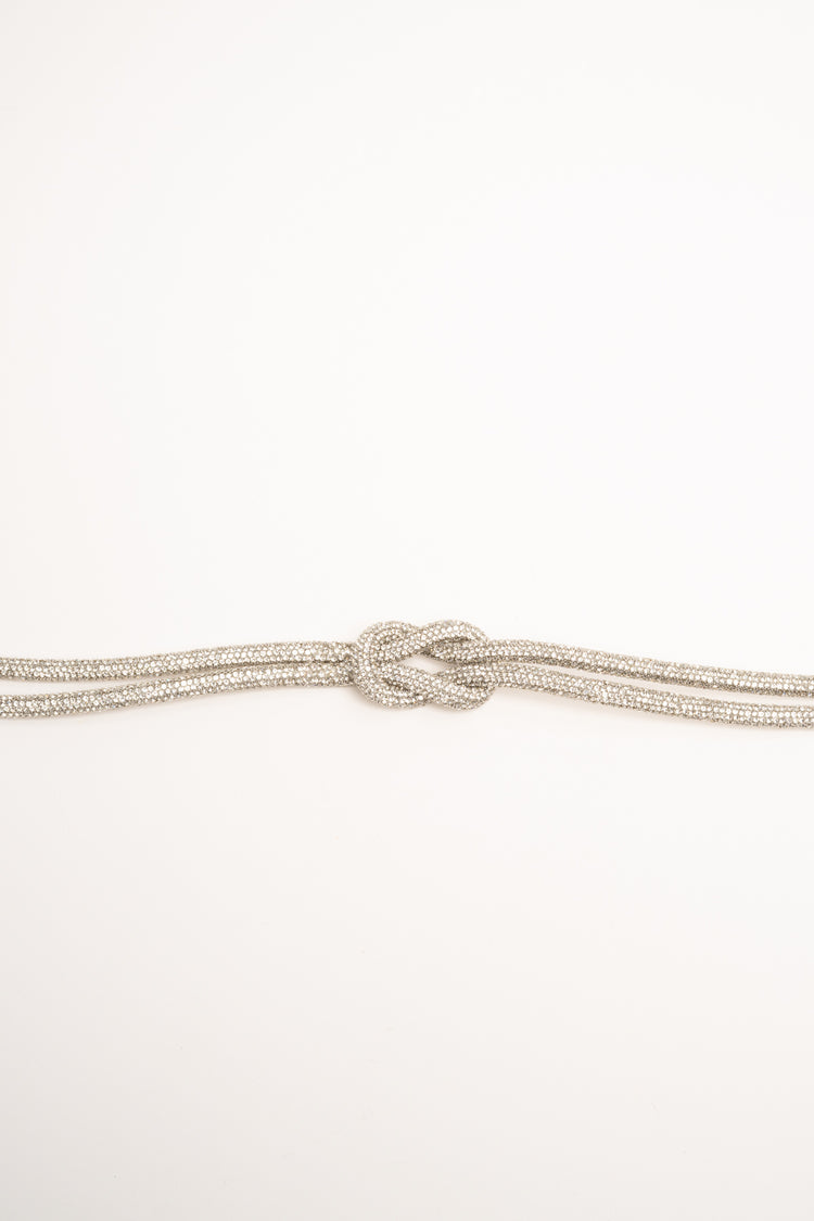 Silver rhinestone-embellished knot jewel belt