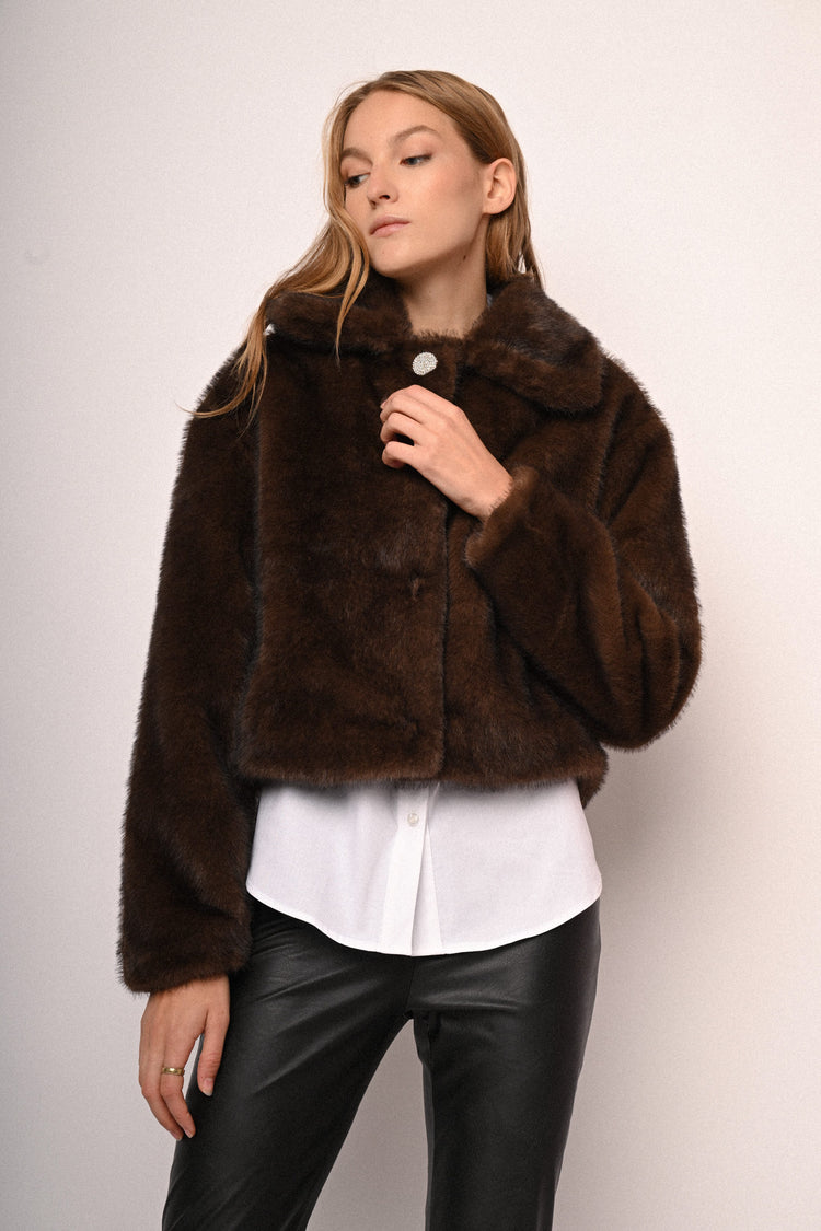 Jewel-button faux fur jacket