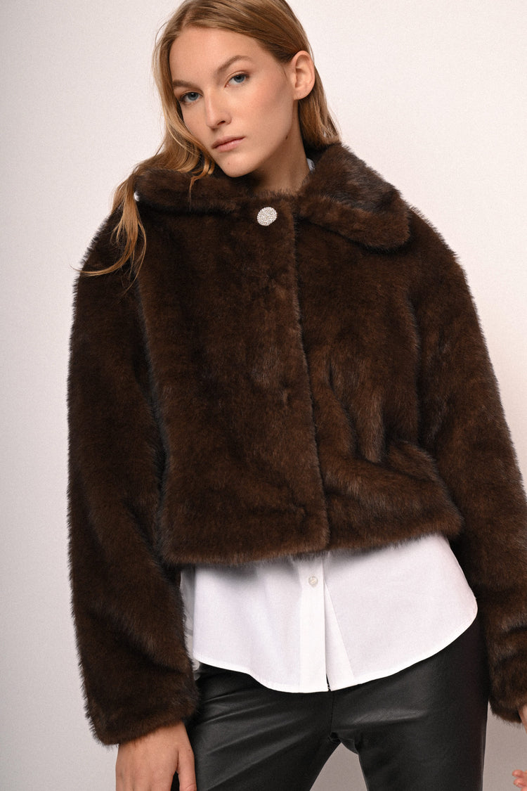 Jewel-button faux fur jacket
