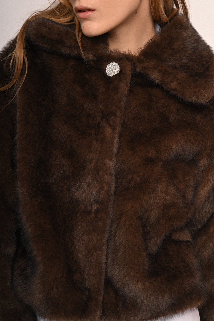 Jewel-button faux fur jacket