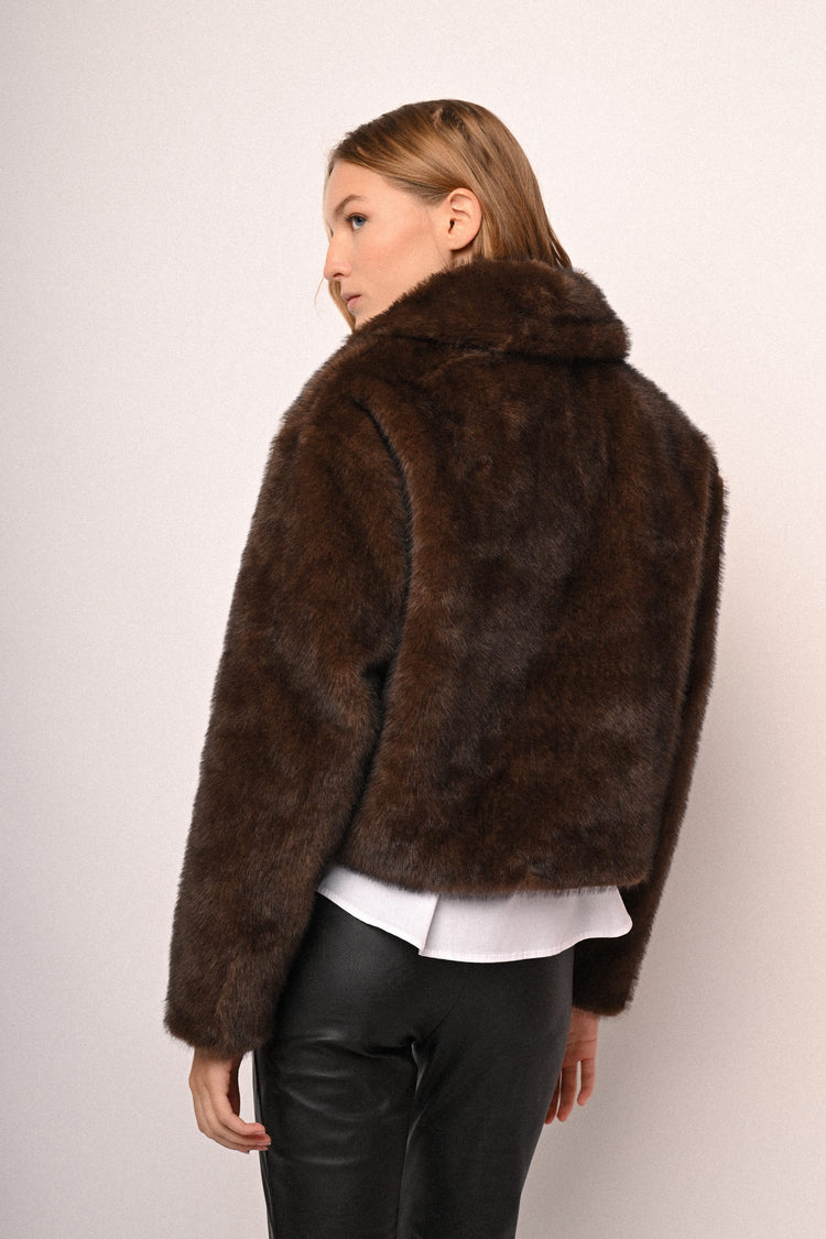 Jewel-button faux fur jacket