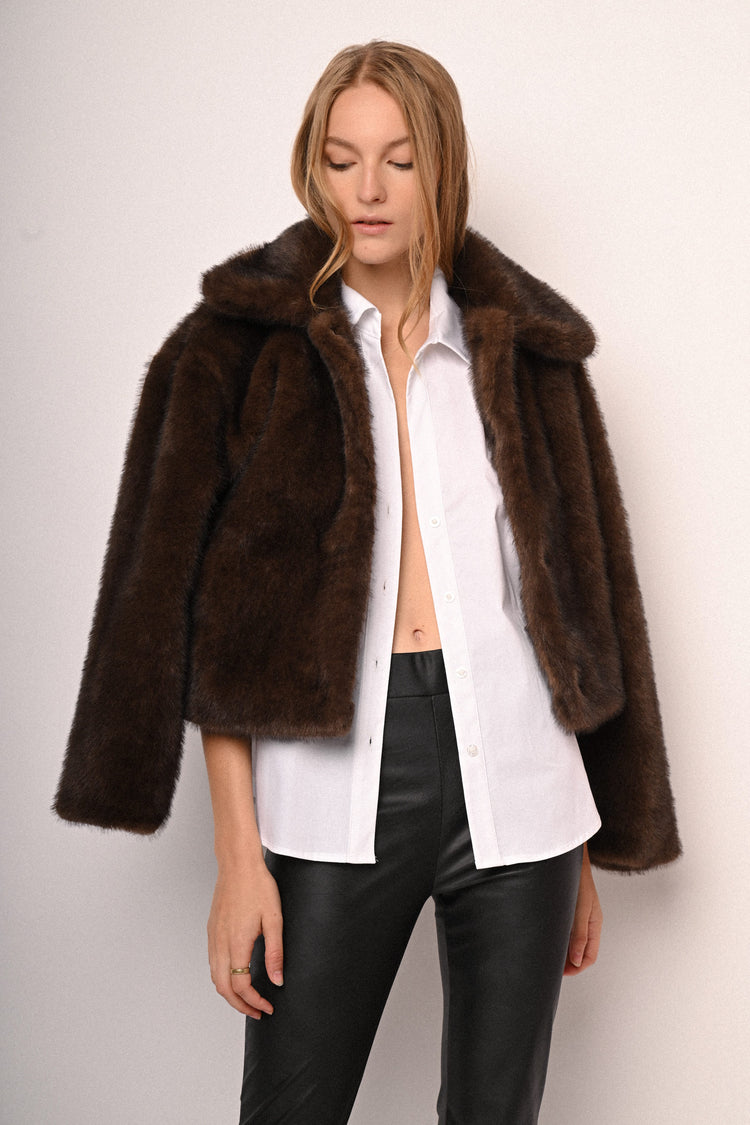 Jewel-button faux fur jacket