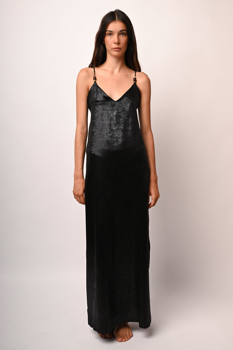 Beads-detail laminated long dress