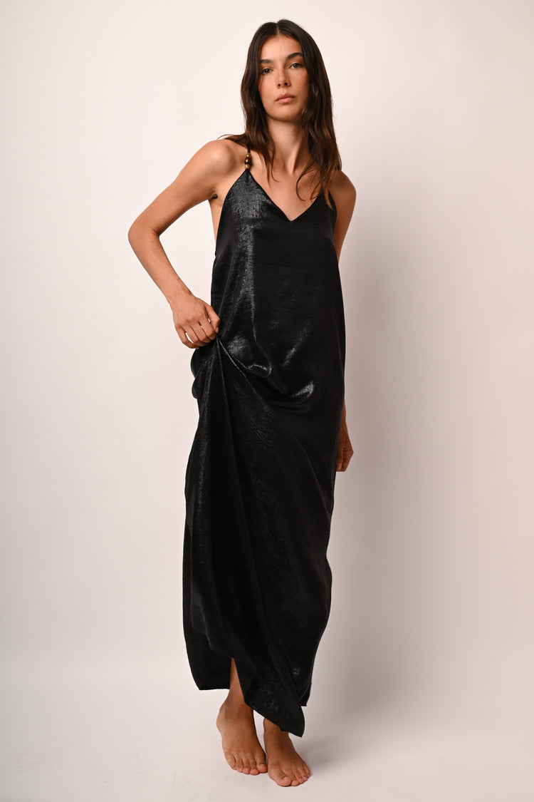 Beads-detail laminated long dress