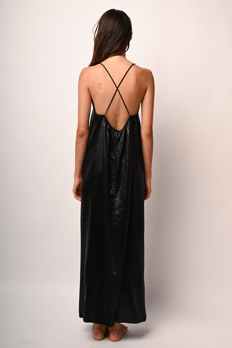 Beads-detail laminated long dress