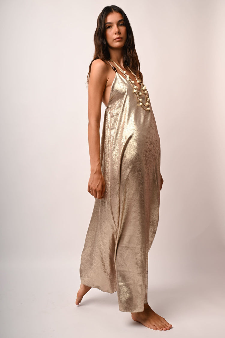 Beads-detail laminated long dress