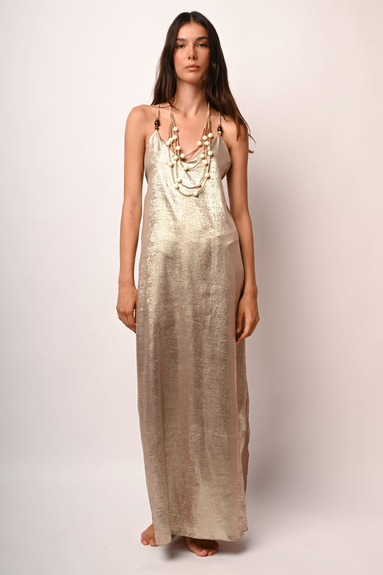 Beads-detail laminated long dress
