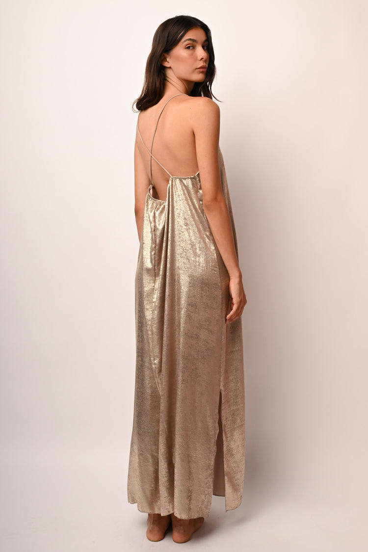 Beads-detail laminated long dress
