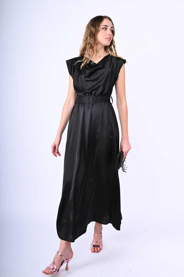 Belted satin long dress