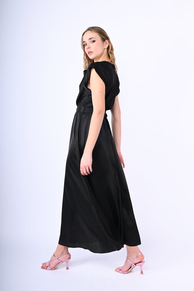 Belted satin long dress