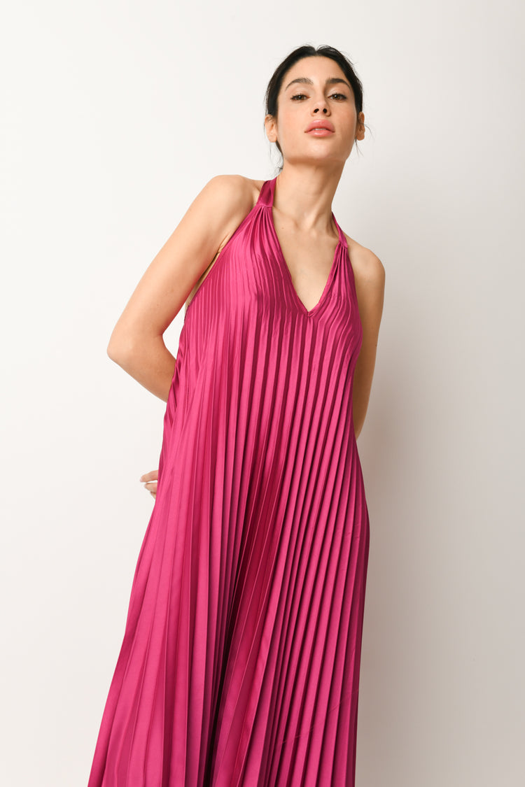 Pleated satin maxi dress