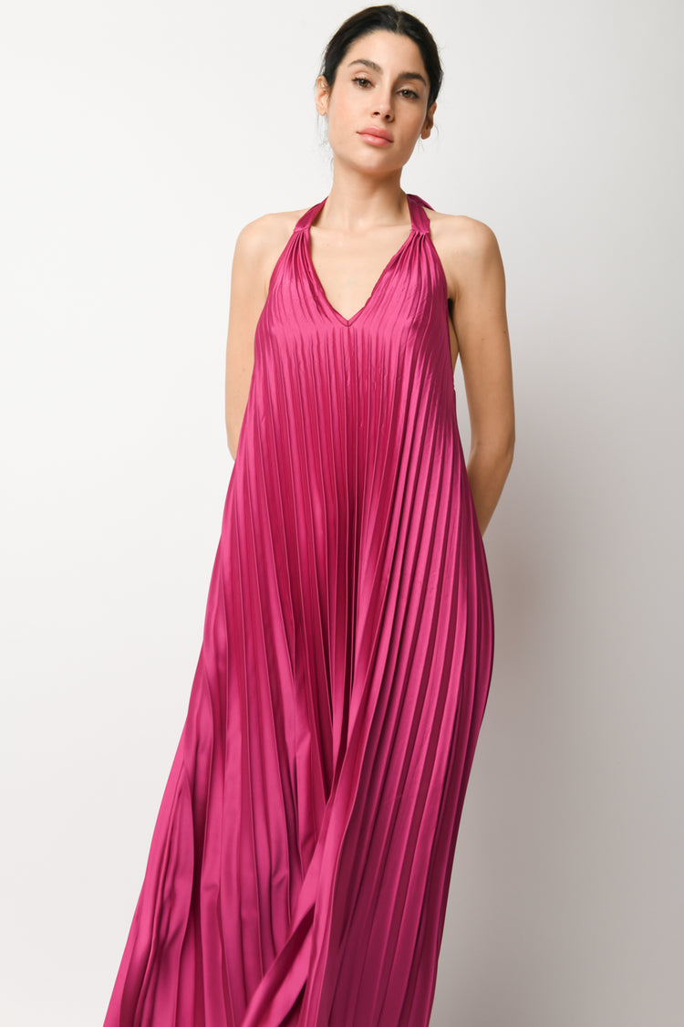 Pleated satin maxi dress