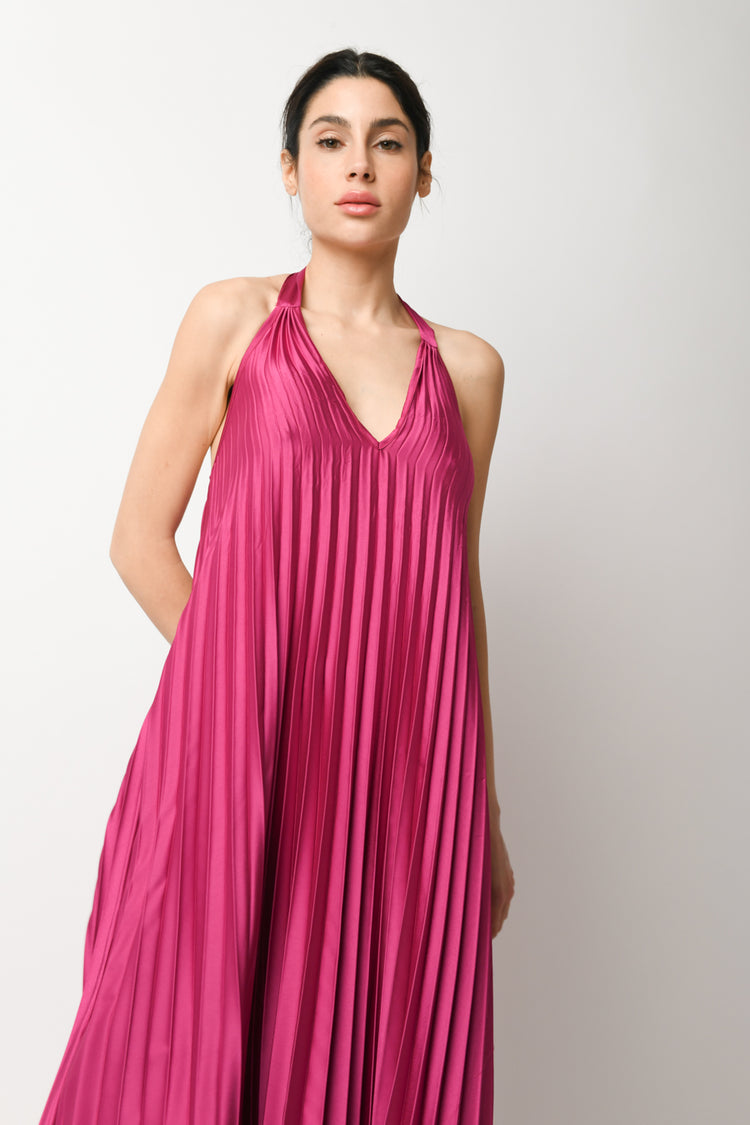 Pleated satin maxi dress