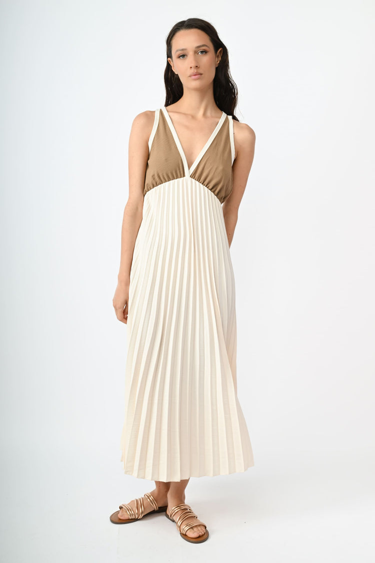 Two-tone pleated long dress