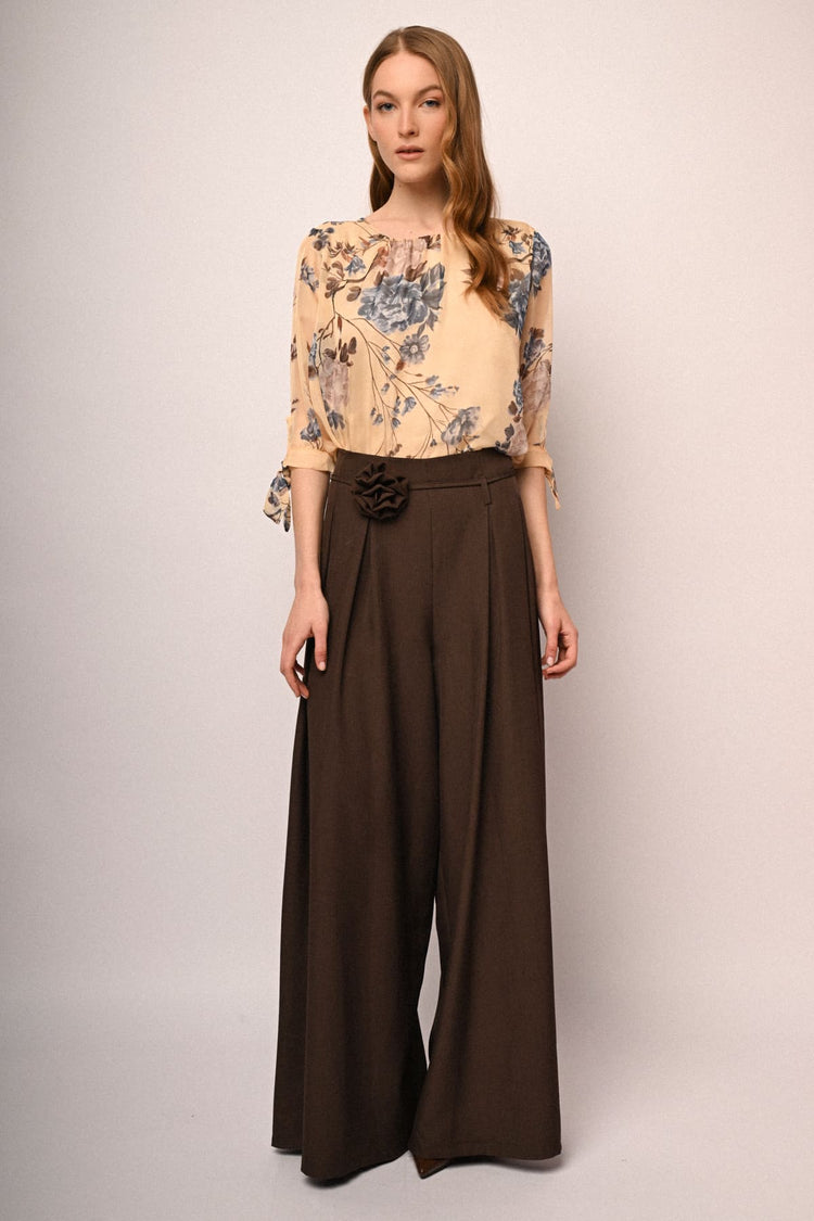 3D rose pleats wide-leg trousers