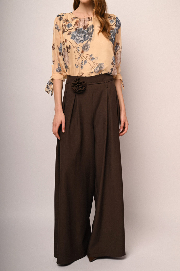 3D rose pleats wide-leg trousers
