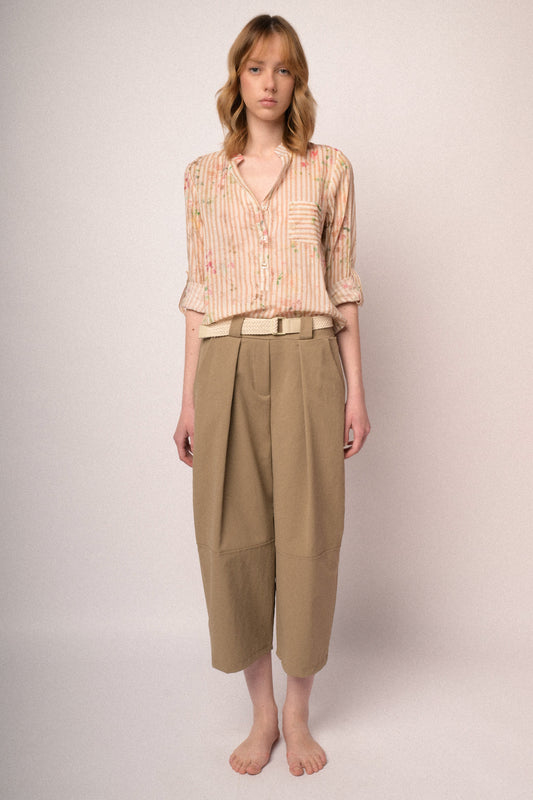 Beige belted, oversized and cropped trousers
