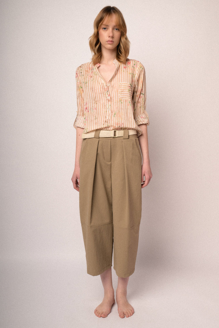 Beige belted, oversized and cropped trousers