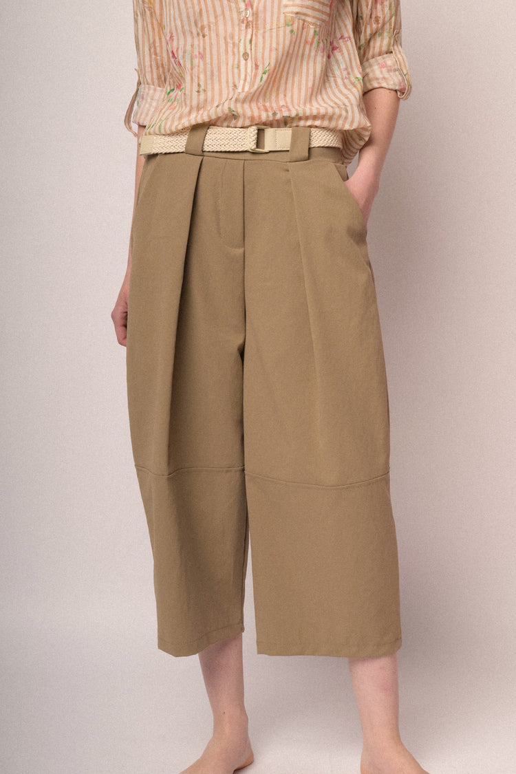 Beige belted, oversized and cropped trousers