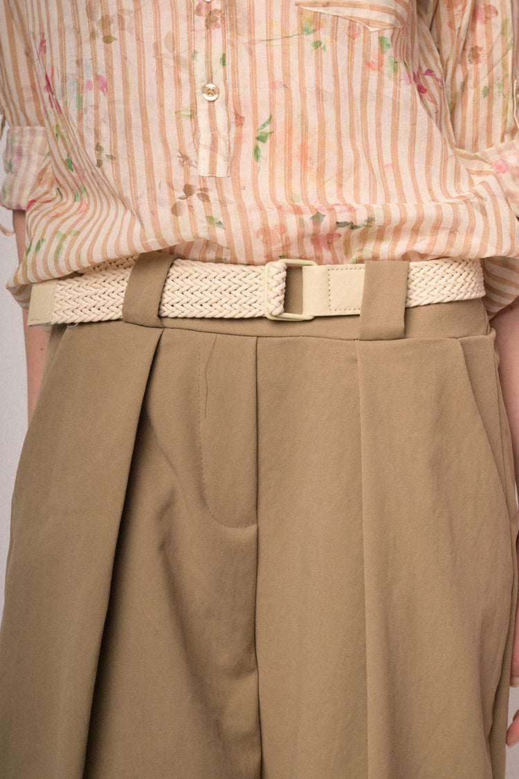 Beige belted, oversized and cropped trousers