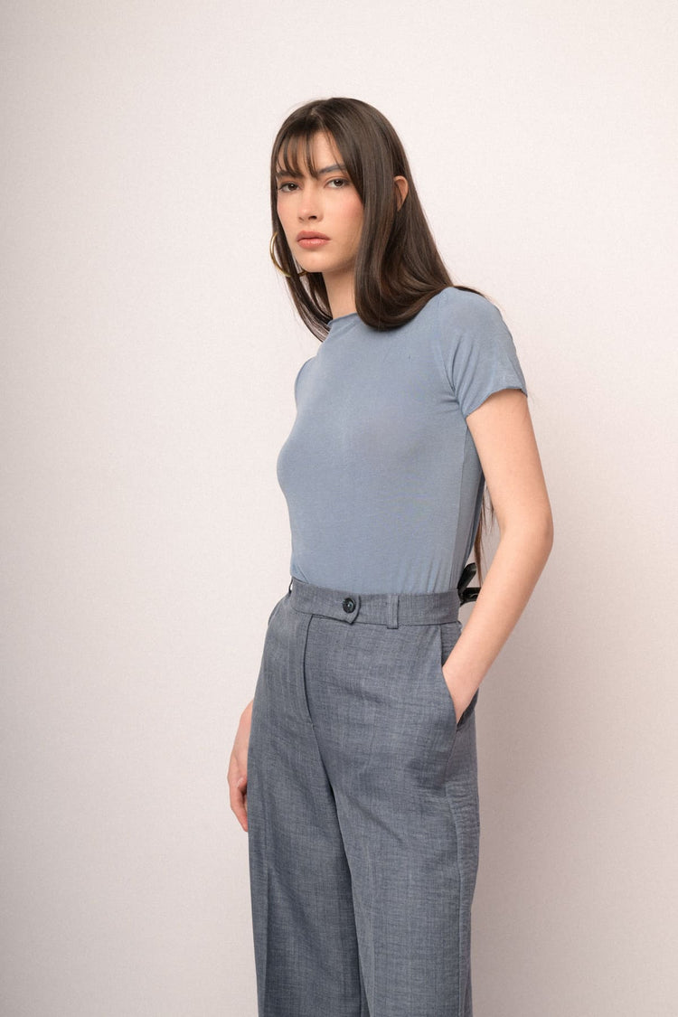 Denim blue silk and viscose blend t-shirt