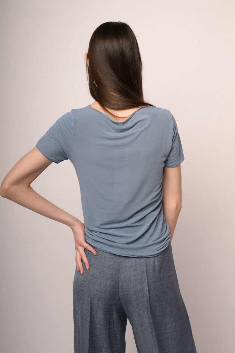 Denim blue silk and viscose blend t-shirt