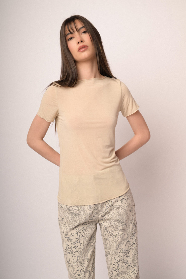 Beige silk and viscose blend t-shirt