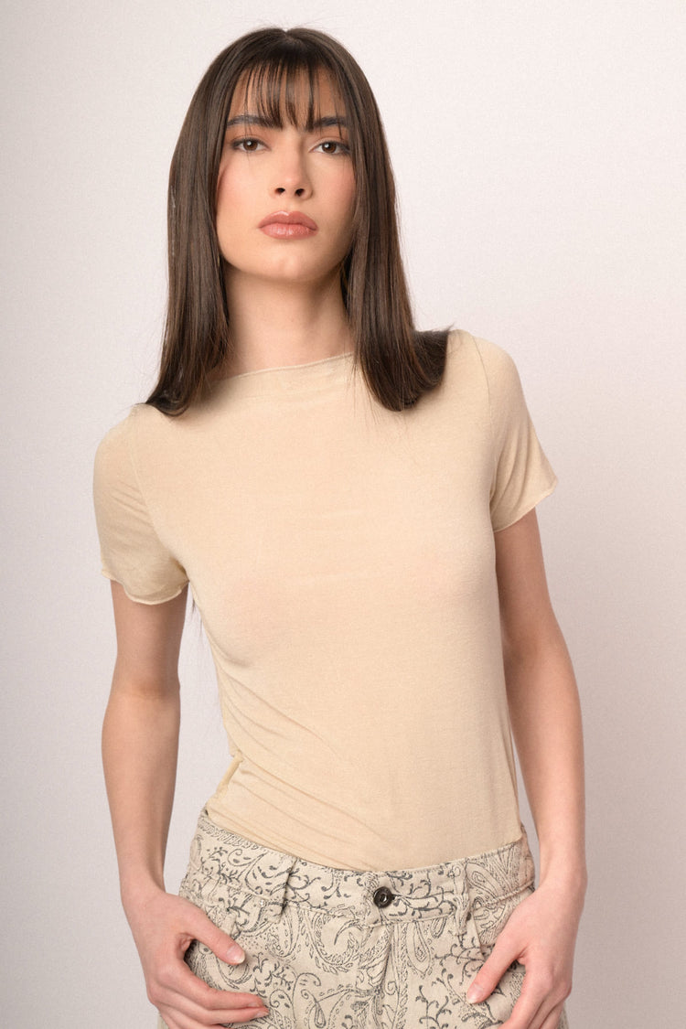 Beige silk and viscose blend t-shirt