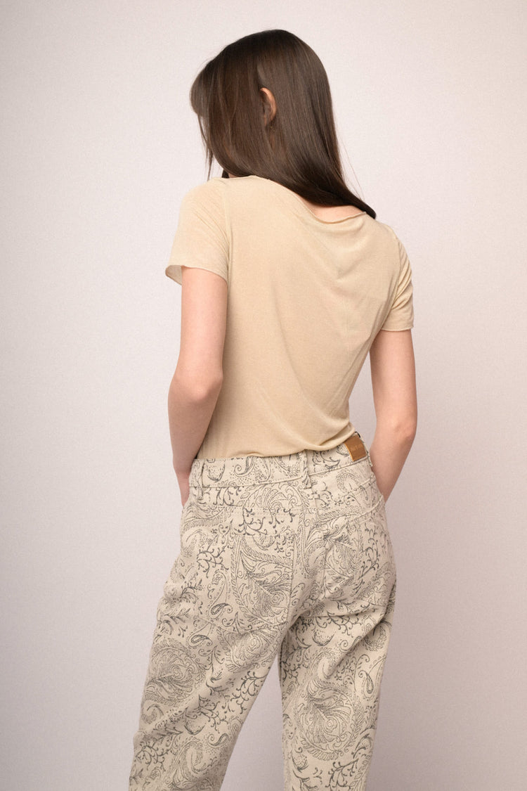Beige silk and viscose blend t-shirt