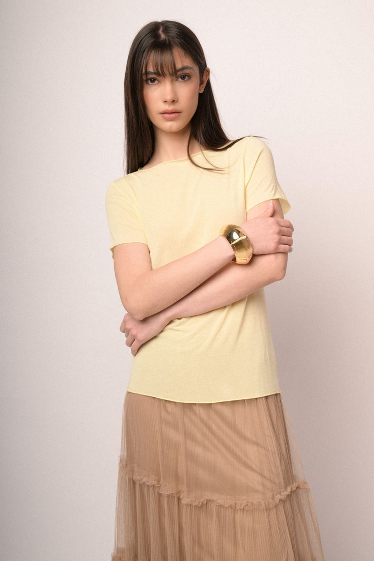 Butter yellow silk and viscose blend t-shirt