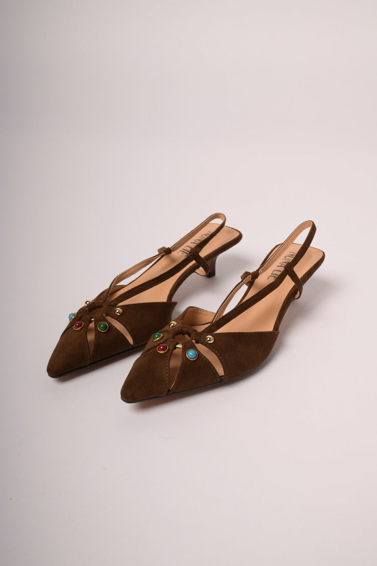 Multicolor stones dark brown faux suede slingback pumps