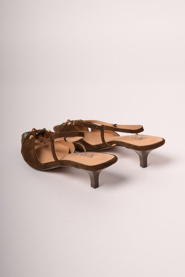 Multicolor stones dark brown faux suede slingback pumps