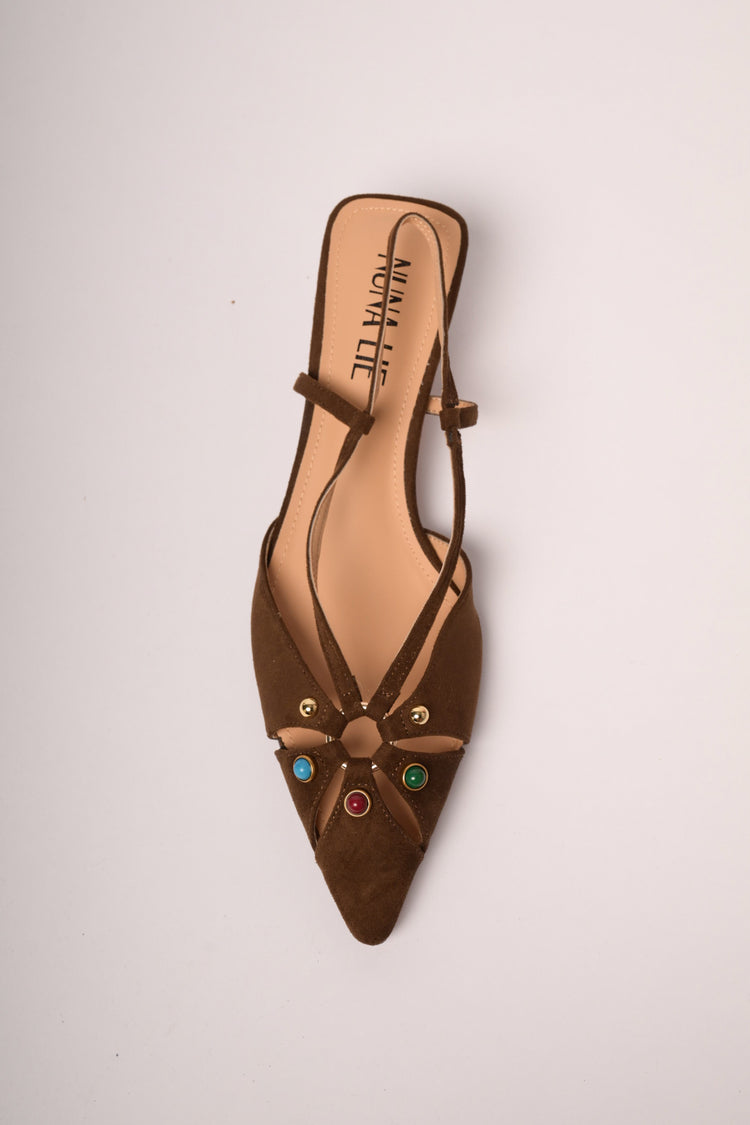 Multicolor stones dark brown faux suede slingback pumps