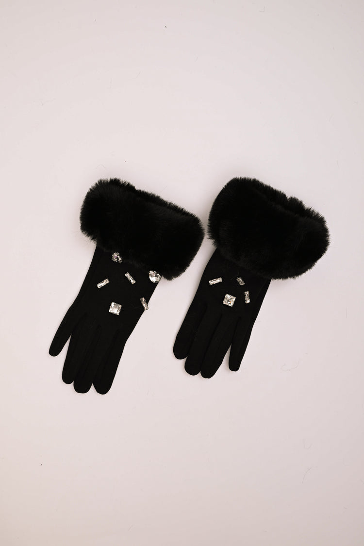 Rhinestone faux fur cuff gloves