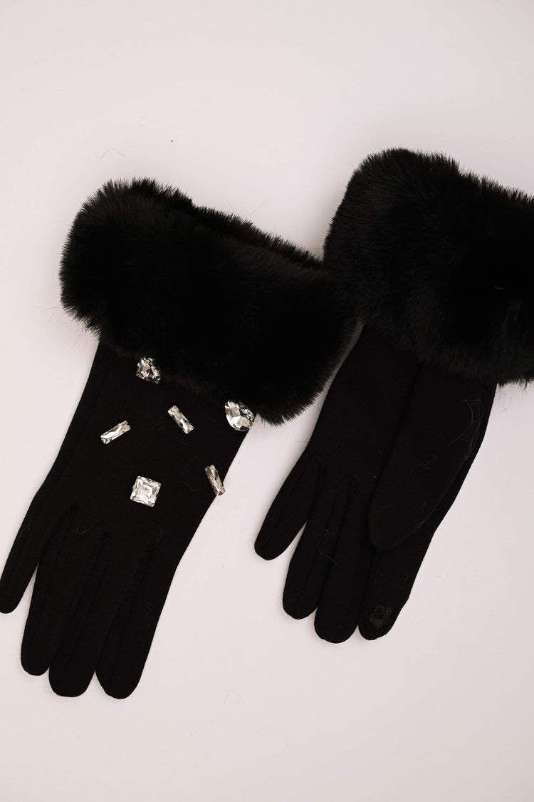 Rhinestone faux fur cuff gloves