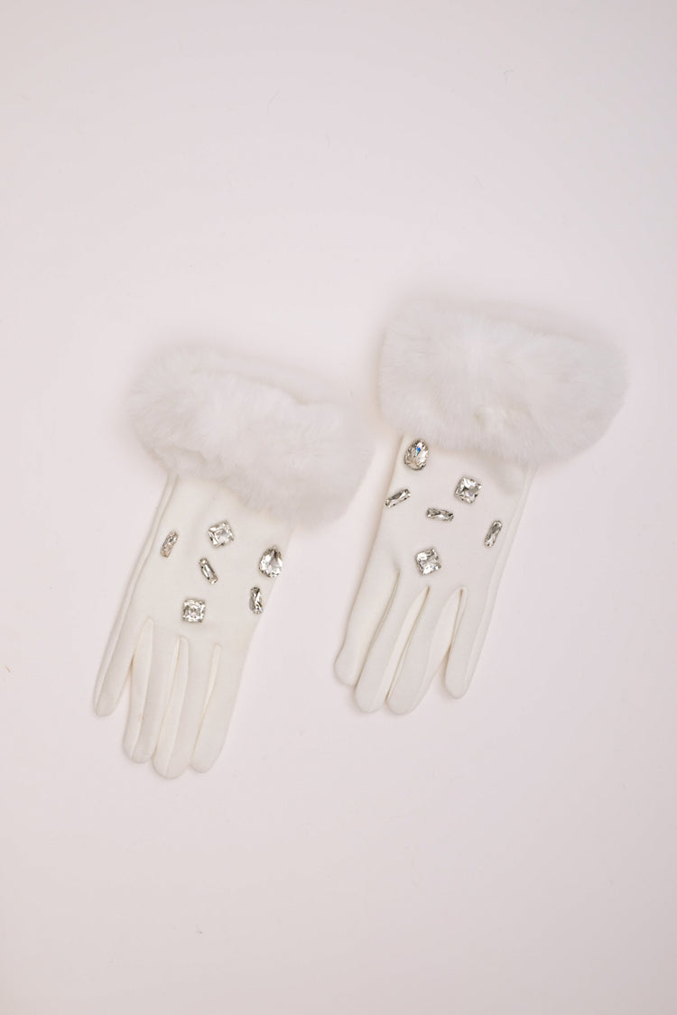 Rhinestone faux fur cuff gloves