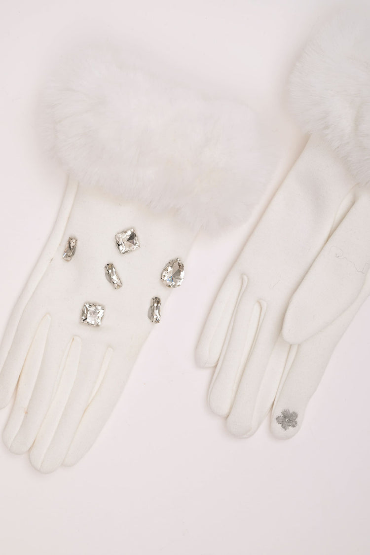 Rhinestone faux fur cuff gloves
