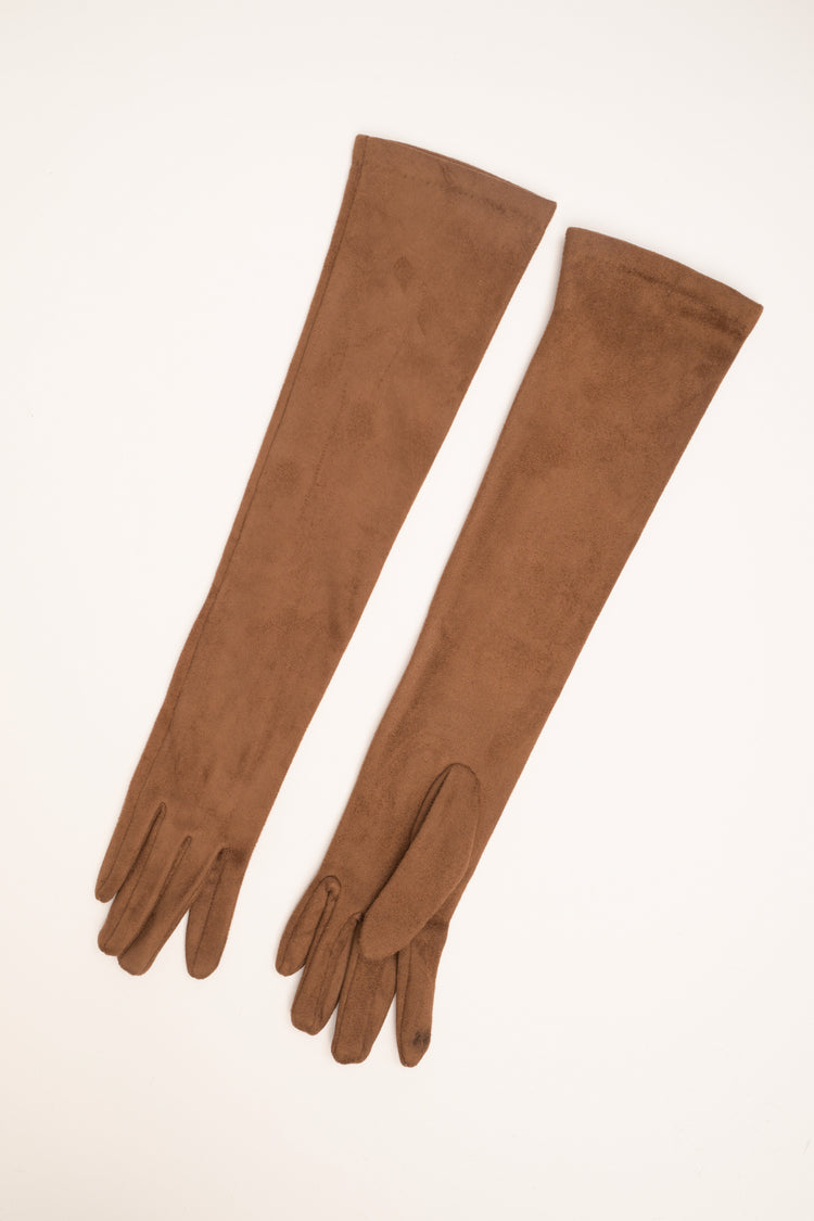 Long dark brown suede-effect gloves