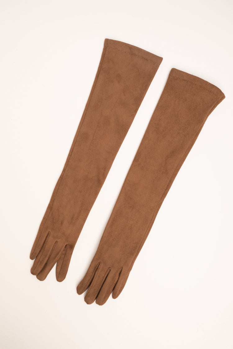 Long dark brown suede-effect gloves