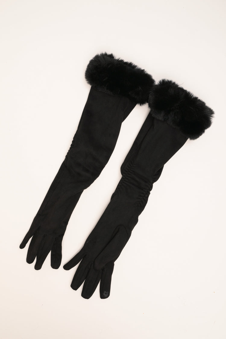 Black suede-effect gloves with plush cuffs