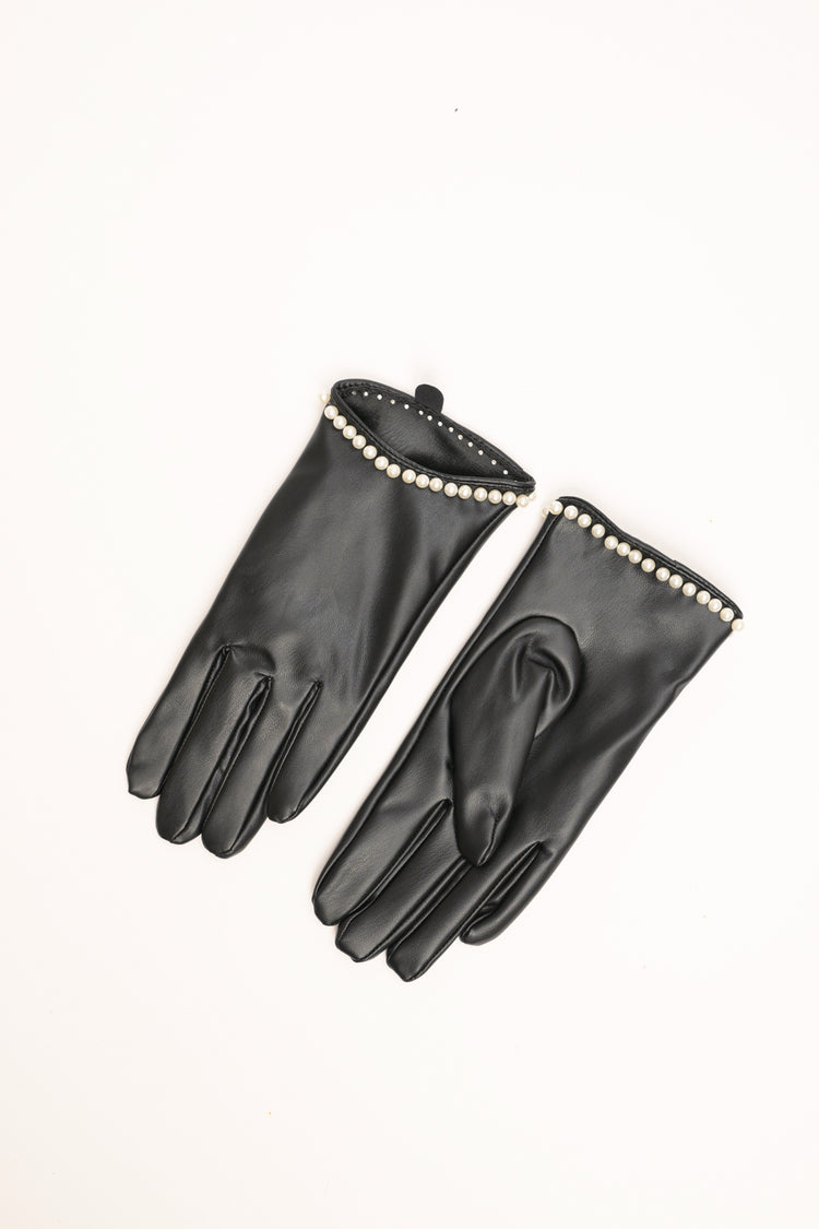 Black glossy gloves with bead trim