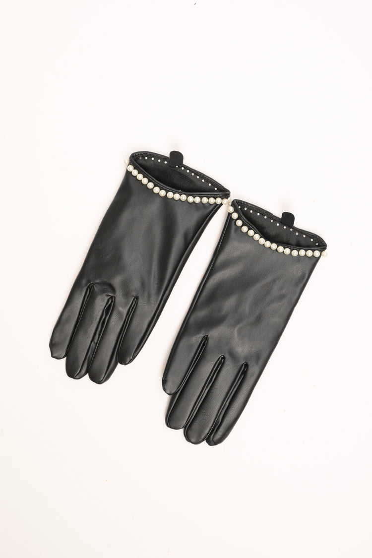 Black glossy gloves with bead trim