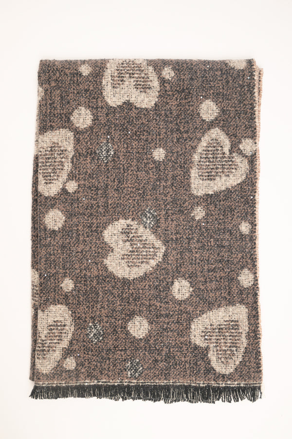 Brown-beige heart-pattern scarf with fringe